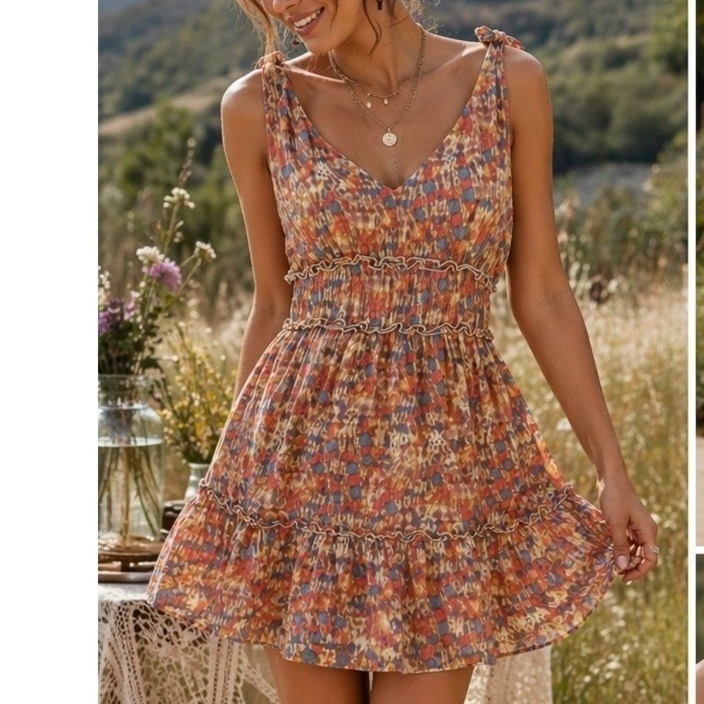 Boho Tiered Mini Dress Size L Gypsies & Moondust Festival Flowy Cottagecore